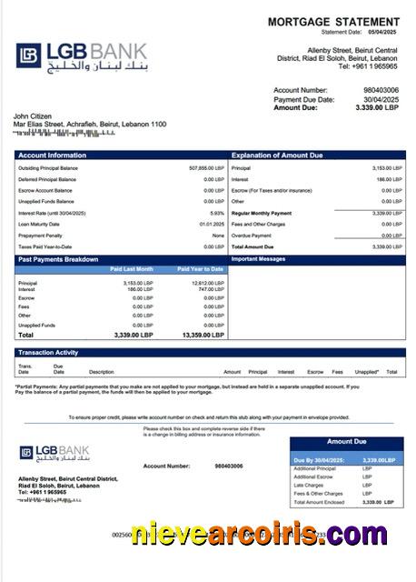 Lebanon and Gulf Bank mortgage statement Word and PDF template